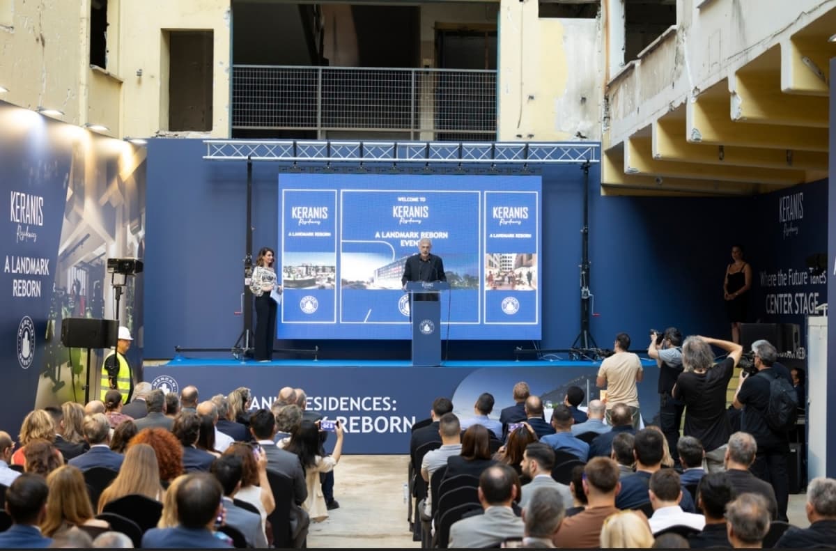 Speaker at the Keranis Residences: A Landmark Reborn event inside the historic Keranis building in Piraeus