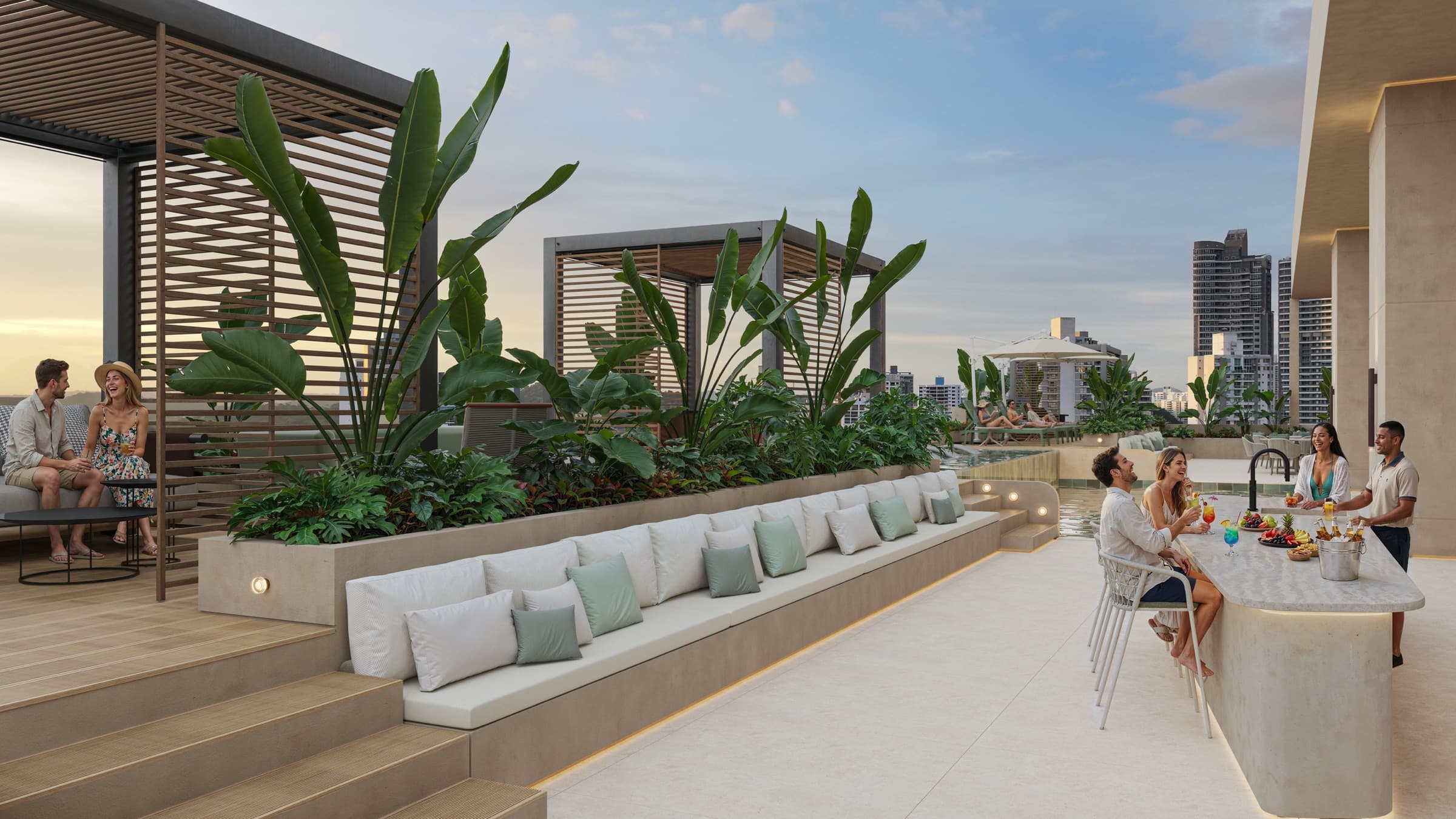 Rendering of a rooftop terrace with a pool and lounge seating overlooking the Panama City skyline